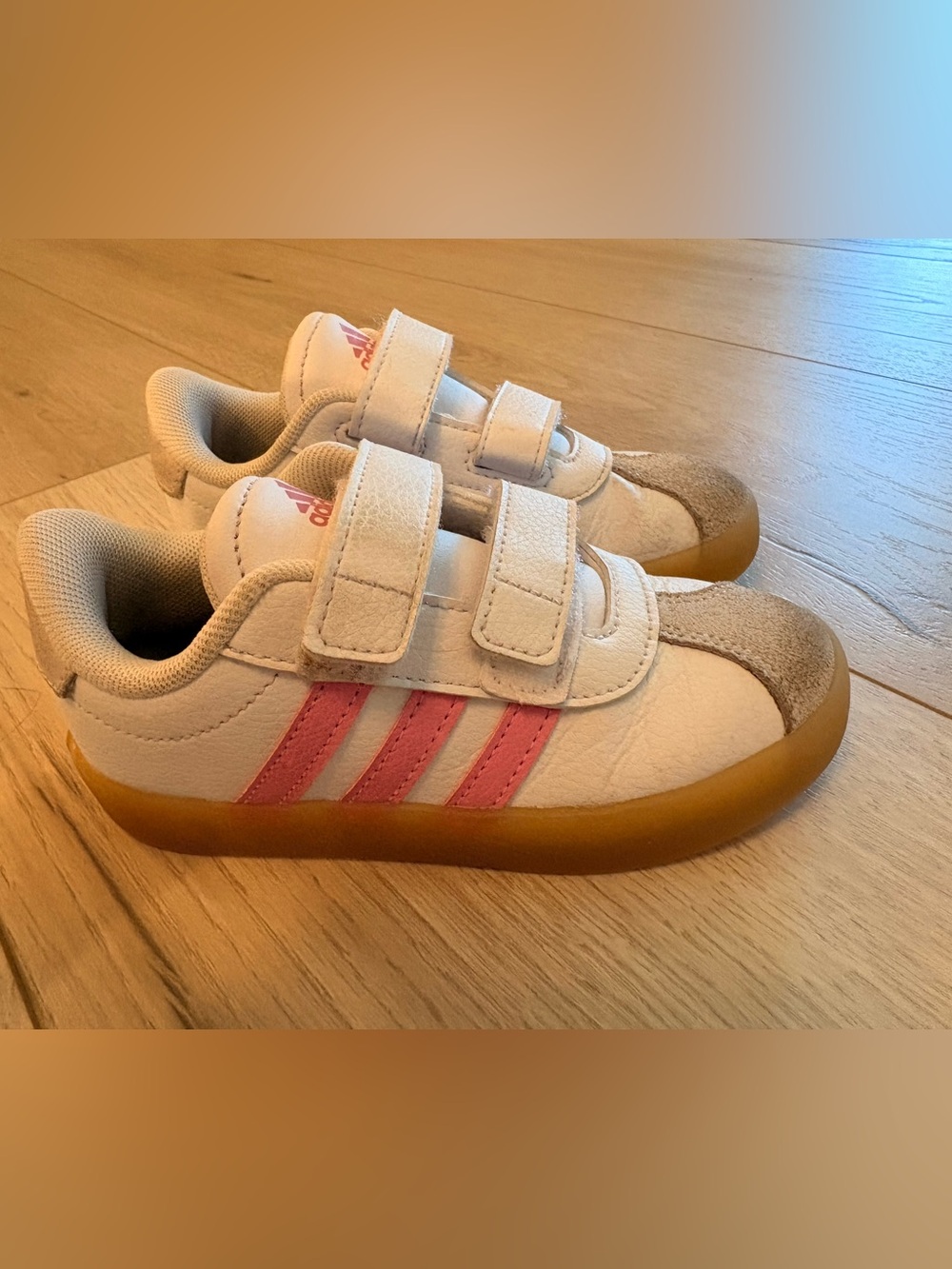 adidas Kids White Sneakers with Pink Stripes and Gum Sole
